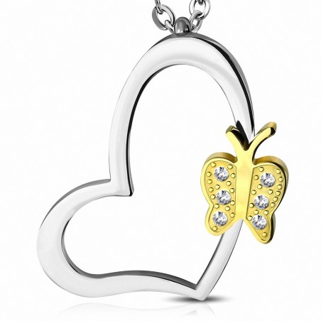 Pendentif cœur acier et papillon doré avec strass