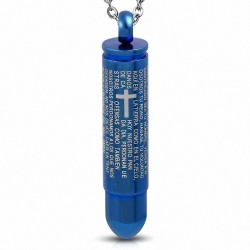 Pendentif cylindre aen acier bleu croix prières