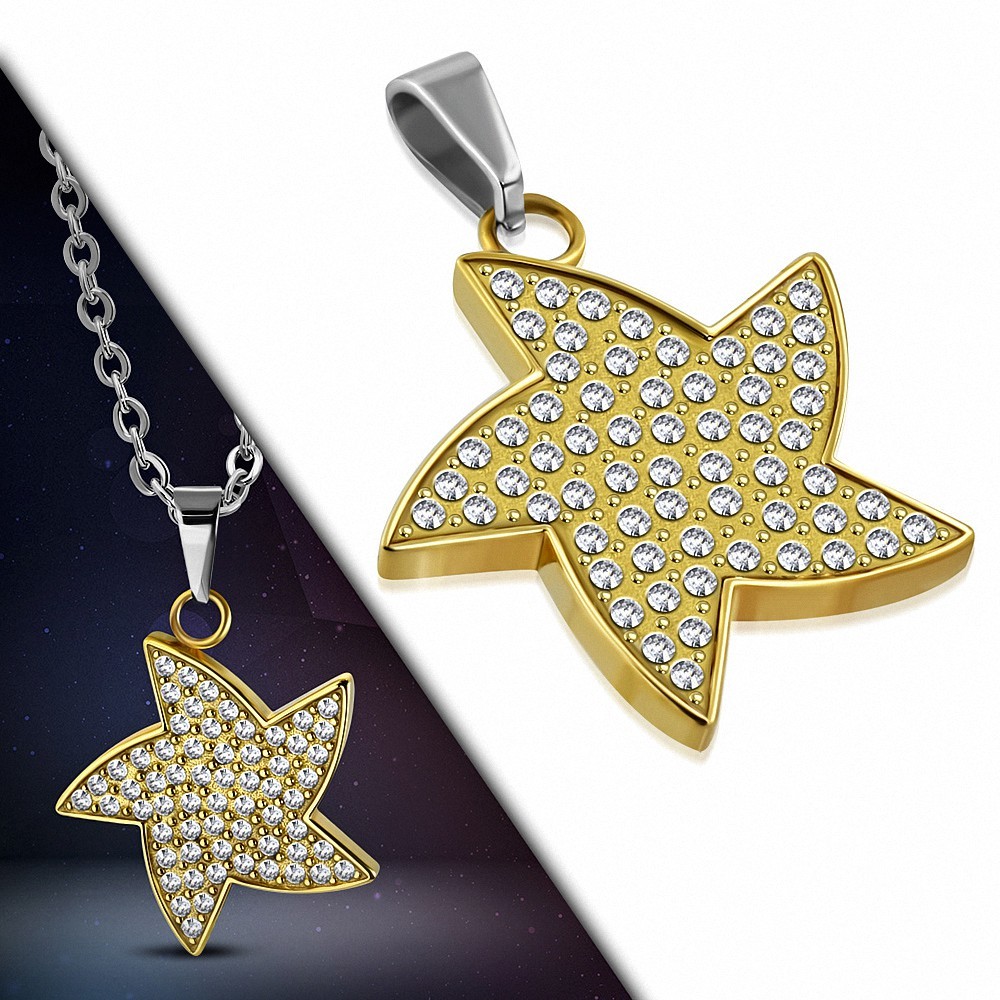 Pendentif étoile de mer en acier doré pavé de strass