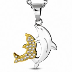 Pendentif double dauphins acier argenté et doré