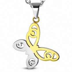 Pendentif papillon spirale acier argenté et doré