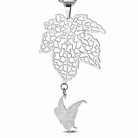 Pendentif en acier feuille de vigne motif filigrane