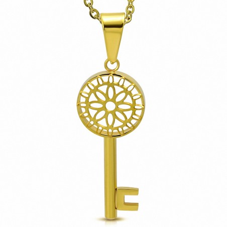 Pendentif Clef fleur soleil en acier inoxydable doré