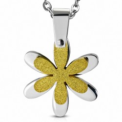 Pendentif acier fleur argentée et fleur sablée dorée