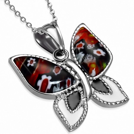 Pendentif papillon en acier inoxydable avec verre