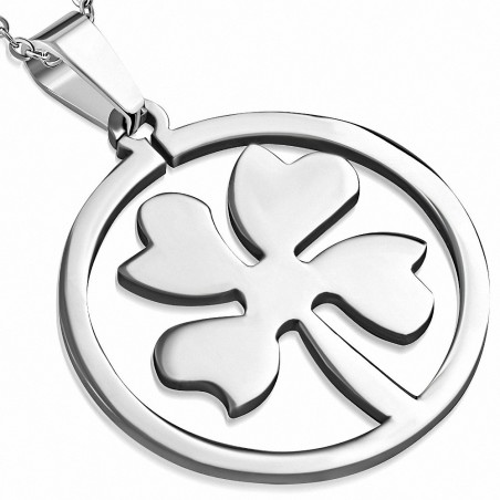 Pendentif en acier cercle avec trèfle à quatre feuilles