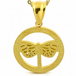 Pendentif en acier doré cercle et papillon sablé