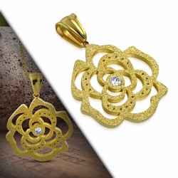 Pendentif en acier doré fleur sablée et gemme