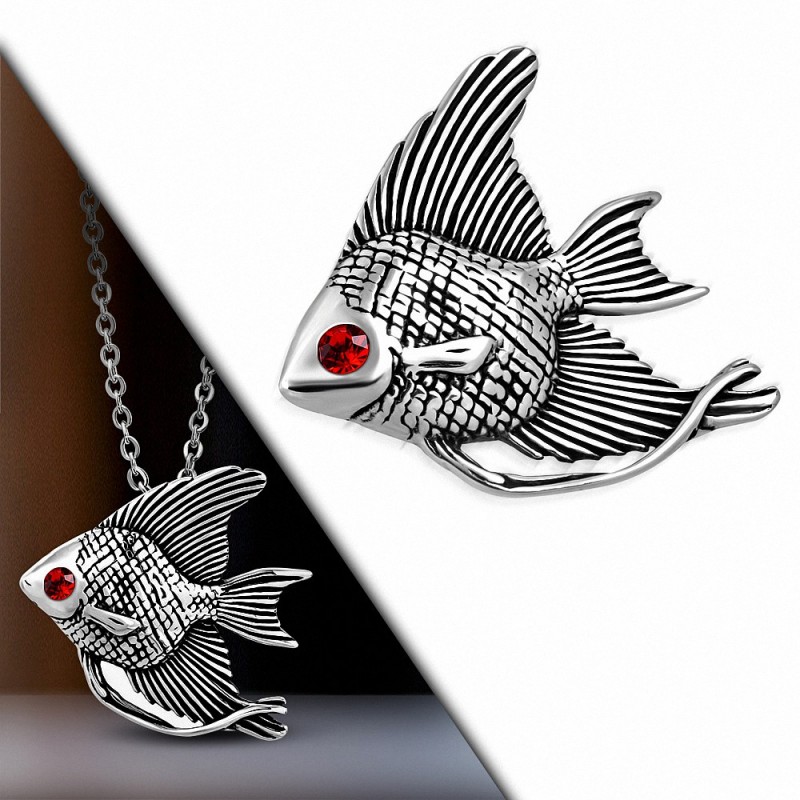 Pendentif poisson ange en acier inoxydable gemme rouge