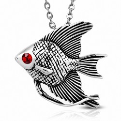 Pendentif poisson ange en acier inoxydable gemme rouge