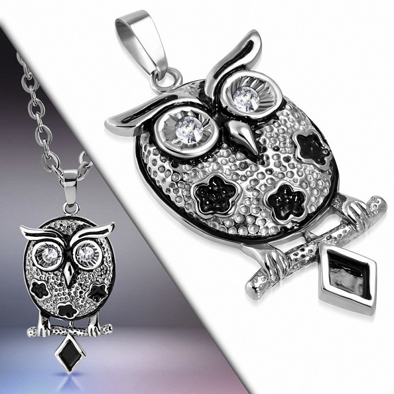 Pendentif hibou en acier inoxydable argenté et noir