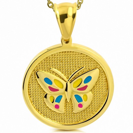 Pendentif cercle papillon émaillé en acier doré