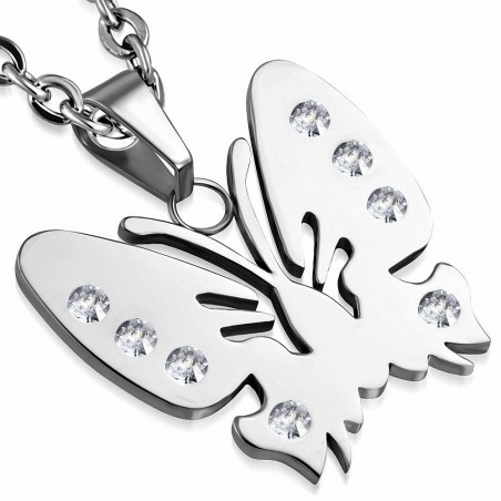 Pendentif papillon en acier poli serti de strass