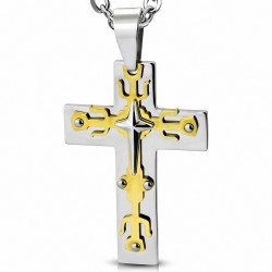 Pendentif croix en acier avec tridents dorés
