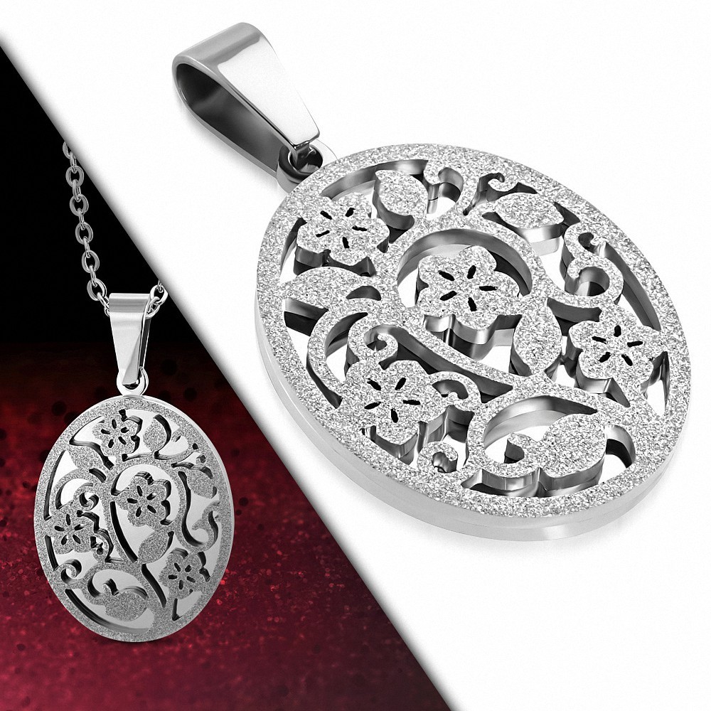 Pendentif floral en acier argenté avec effet sablé