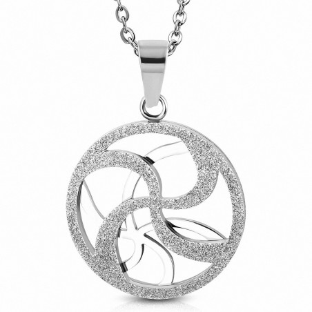 Pendentif cercle en acier inoxydable motif floral sablé