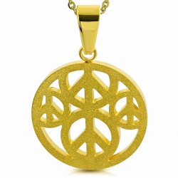 Pendentif cercle en acier doré motif peace sablé