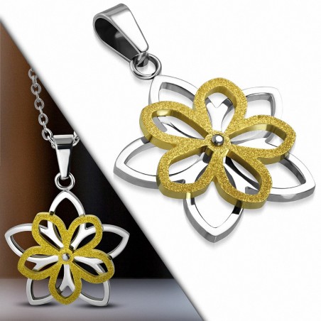 Pendentif fleur en acier bicolore argenté et doré