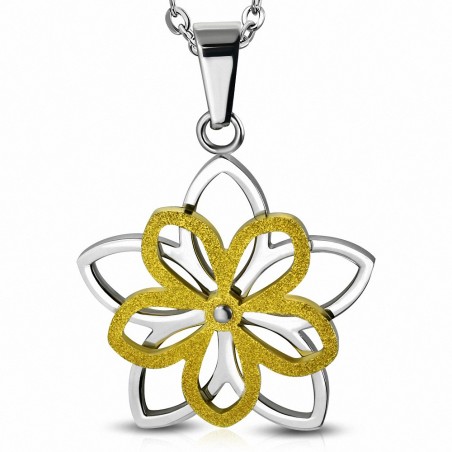 Pendentif fleur en acier bicolore argenté et doré