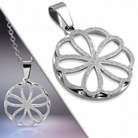 Pendentif fleur en acier inoxydable argenté sablé