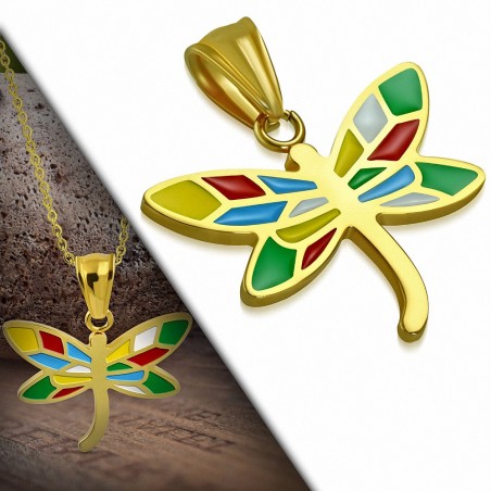 Pendentif en acier doré libellule émaillé multicolore