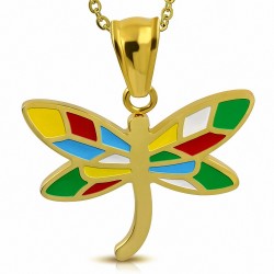 Pendentif en acier doré libellule émaillé multicolore