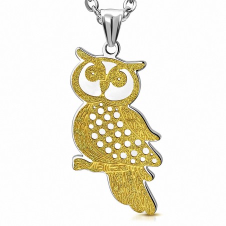 Pendentif hibou en acier bicolore doré et argenté