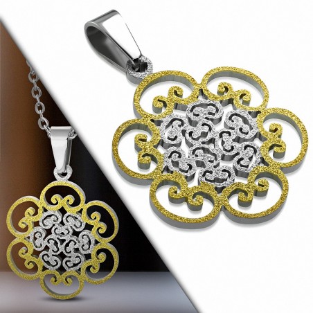 Pendentif floral motif spirales en acier doré et argenté