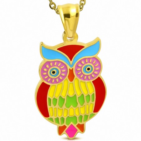 Pendentif en acier doré hibou multicolore