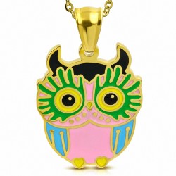 Pendentif en acier doré hibou coloré vert et rose