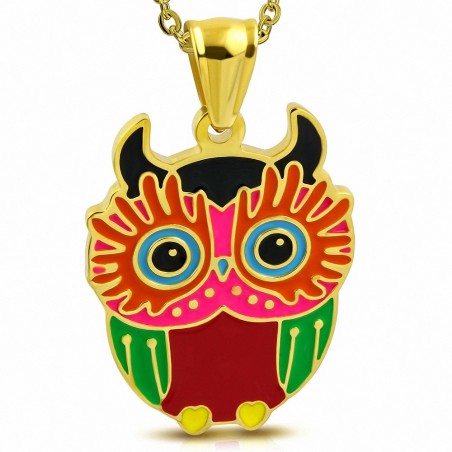 Pendentif en acier doré hibou coloré rose et bordeaux