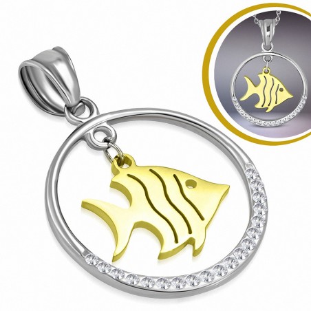 Pendentif cercle en acier inoxydable avec poisson doré