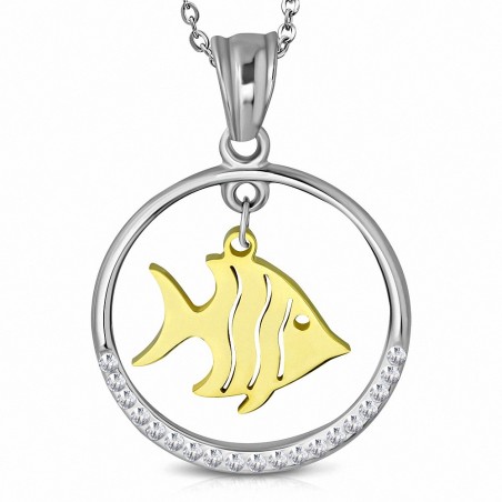 Pendentif cercle en acier inoxydable avec poisson doré