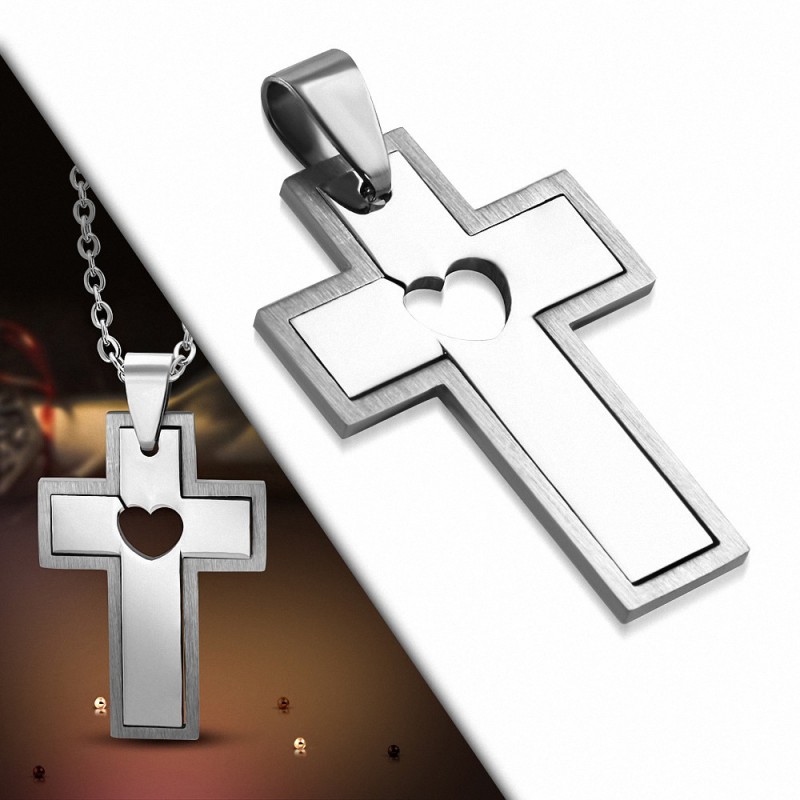 Pendentif en acier inoxydable croix avec cœur au centre