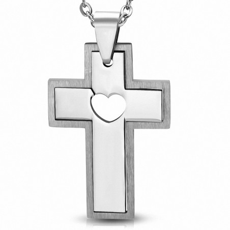 Pendentif en acier inoxydable croix avec cœur au centre