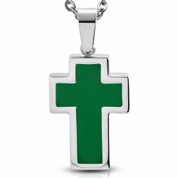 Pendentif croix latine en acier inoxydable émaillé vert