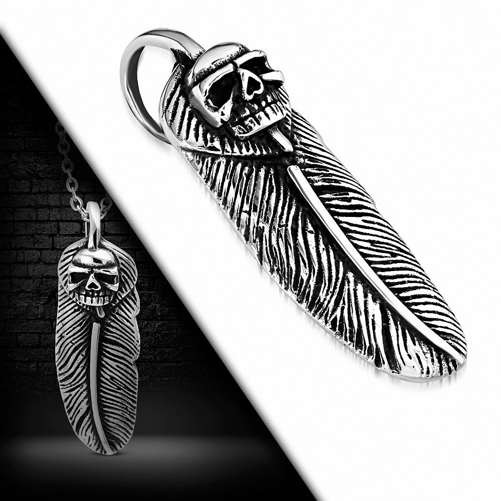 Pendentif homme biker skull avec plume en acier inoxydable