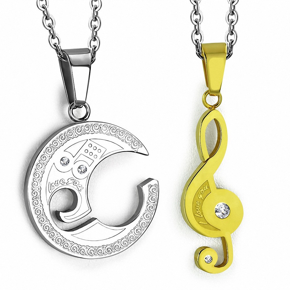 Pendentif couple musical deux parties clef de sol dorée