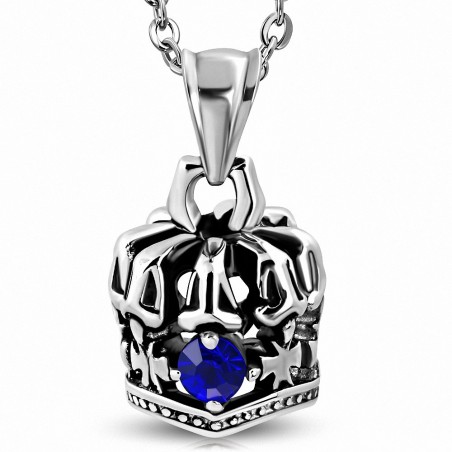 Pendentif homme biker couronne skull gemme bleu