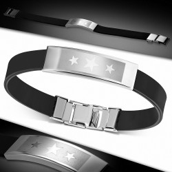 Bracelet en caoutchouc noir plaque acier avec 2 étoiles