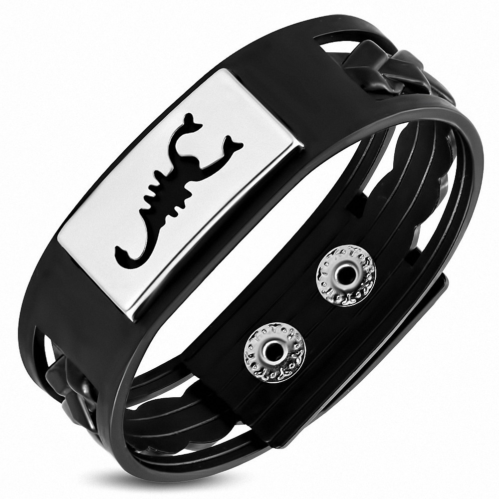Bracelet en cuir PVC noir avec plaque acier scorpion zodiaque