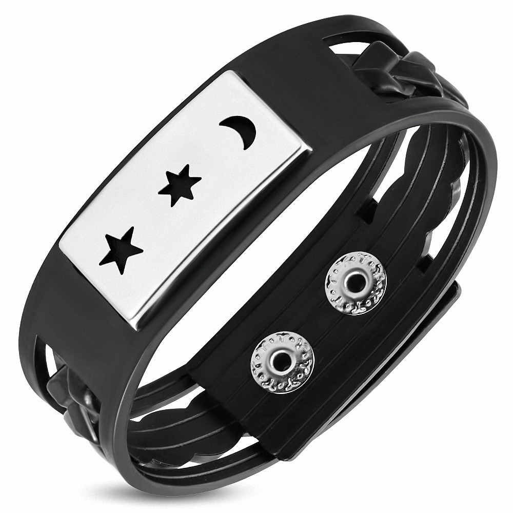 Bracelet en cuir PVC noir plaque avec 2 étoiles et 1 lune