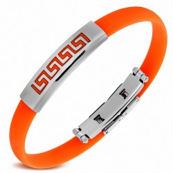 Bracelet en caoutchouc orange plaque acier labyrinthe