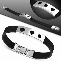 Bracelet en caoutchoic noir plaque acier 3 cœurs