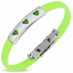 Bracelet en caoutchouc vert clair plaque acier 3 cœurs
