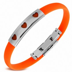 Bracelet en caoutchouc orange et plaque acier trois cœurs