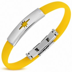 Bracelet en caoutchouc jaune et plaque acier étoile brillante