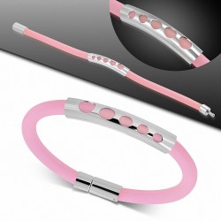 Bracelet caoutchouc rose clair et plaque acier avec cercles