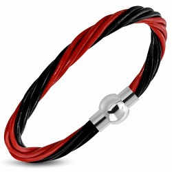 Bracelet en cuir tressé noir et rouge fermeture magnétique 21 cm