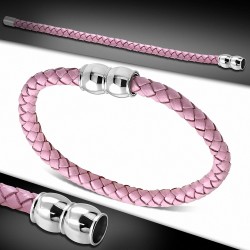 Bracelet en cuir tressé rose avec fermeture magnétique 22 cm
